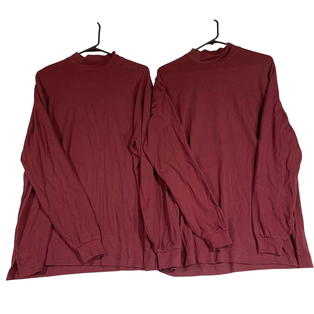 Port Authority Set of 2‎ Mens Mock Neck Long Sleeve T-Shirt Burgundy Size M